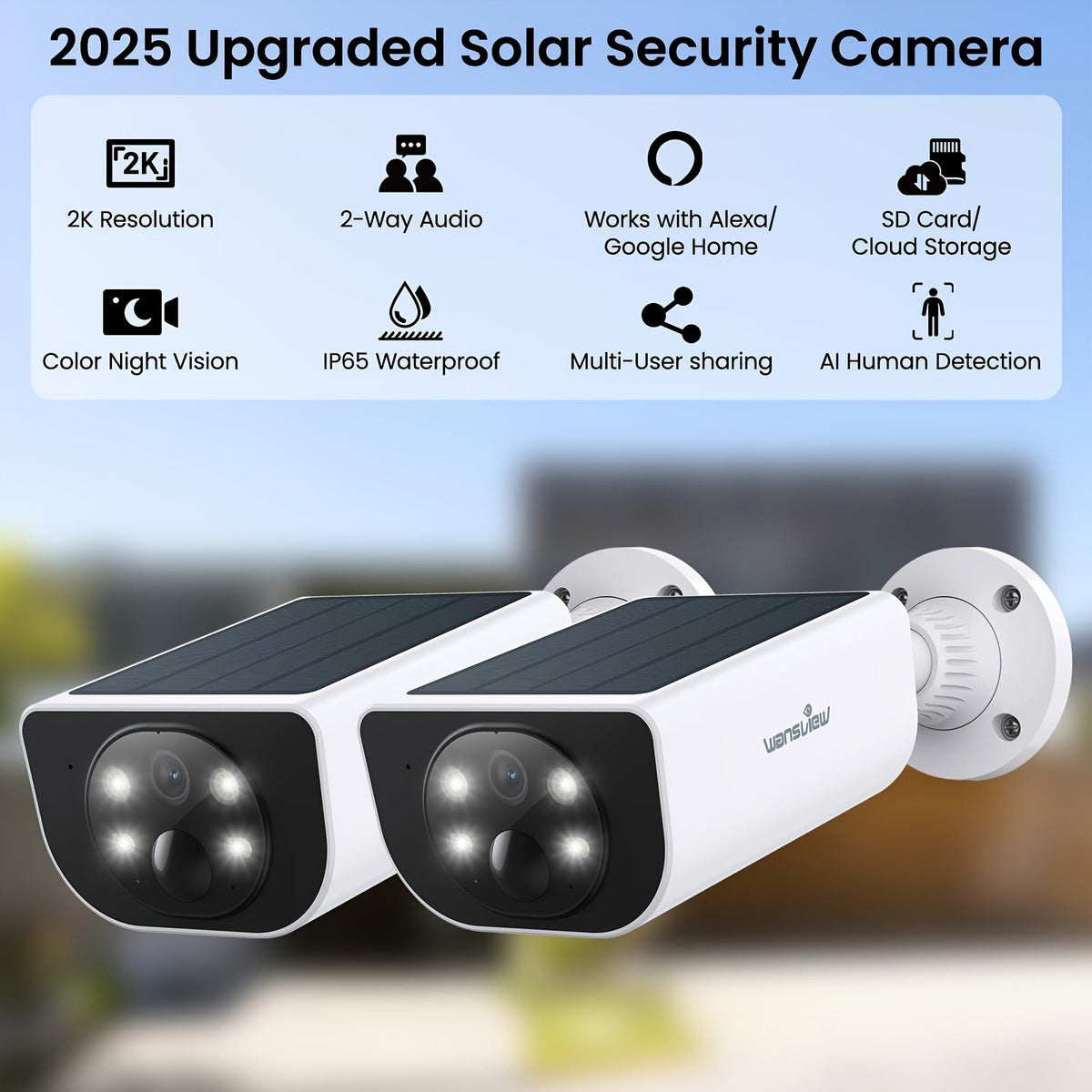Wansview Solar Security Camera Outdoor Wireless 2K HD – Color & Infrared Night Vision, PIR AI Motion Detection, Two-Way Audio, IP65, SD Card & Cloud Storage, Alexa & Google Home Compatible, 1-4 Pack