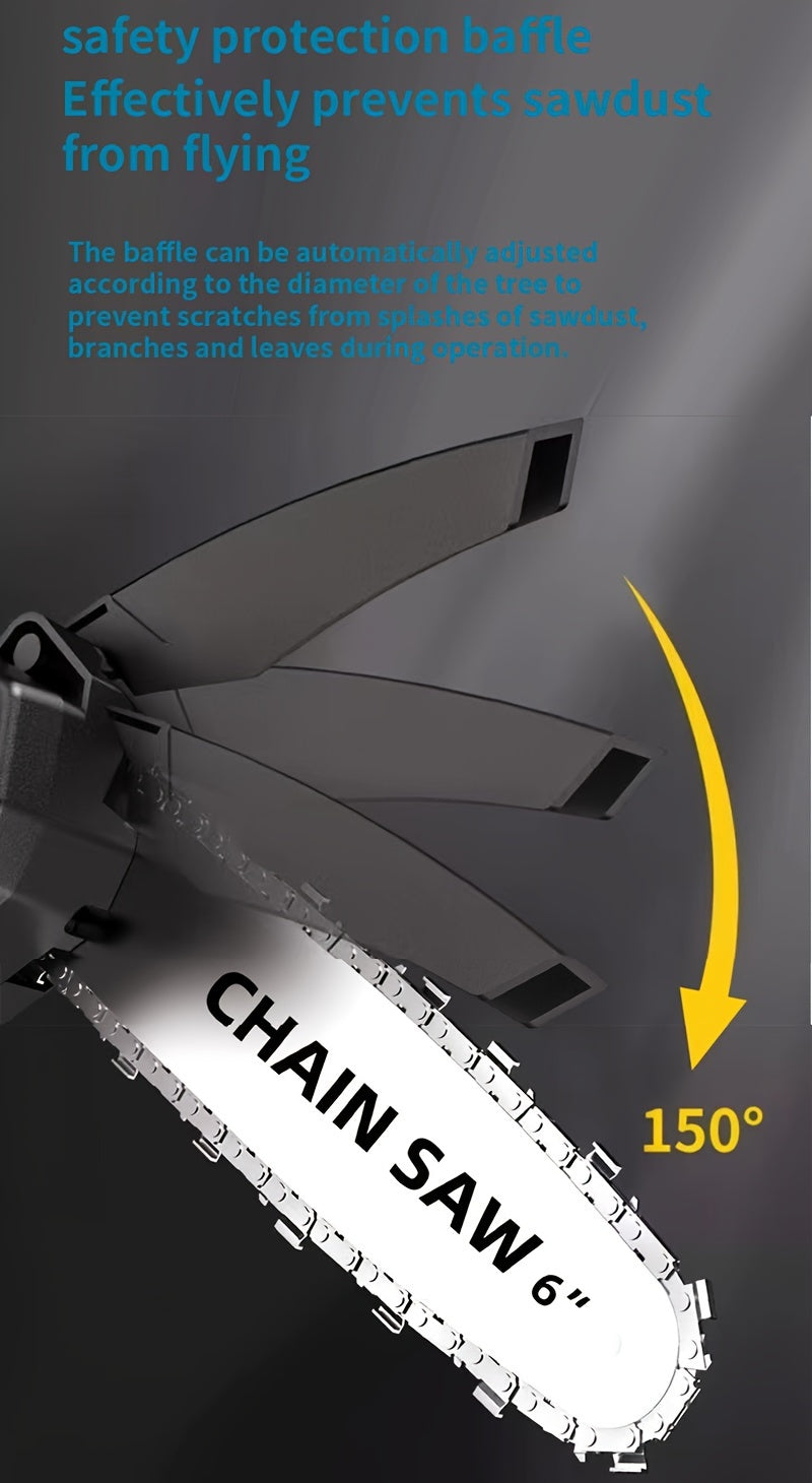 Mini Cordless Chainsaw Portable Handheld Electric Tree Cutter with Splash Guard Security Lock Rechargeable Battery for Garden Yard Branch Pruning