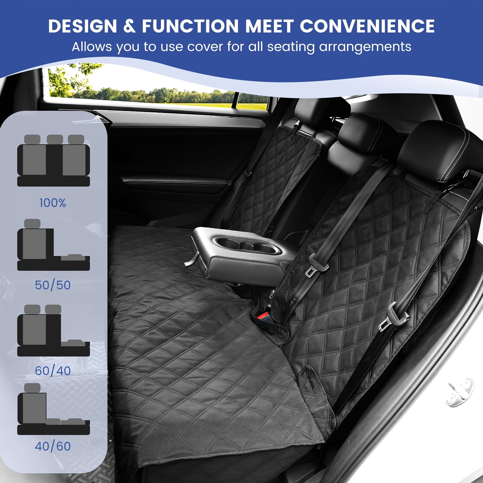 Car Back Seat Cover 60/40 Split Bench 900D Waterproof Non-Slip – Easy Cleanup Seat Protector for Dogs Pets Kids Cars Trucks SUVs with Seat Belt & Armrest Access (Black)