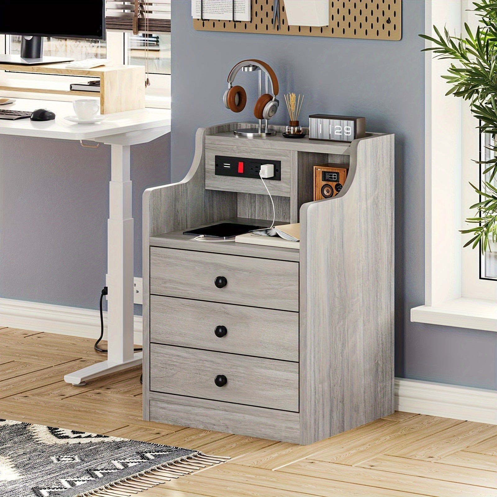 Nightstand with Charging Station 2 USB Ports 2 Outlets - 3 Drawers Hutch Bedroom End Table Sofa Side Table for Living Room Office Gray White 14x17.7x26.8 Inch
