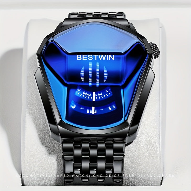 Men's Dashboard Dial Quartz Watch with Blue Rhinestone Face & Steel Strap – Fashion Business Wristwatch for Men, Gold & Black, Gift for Him