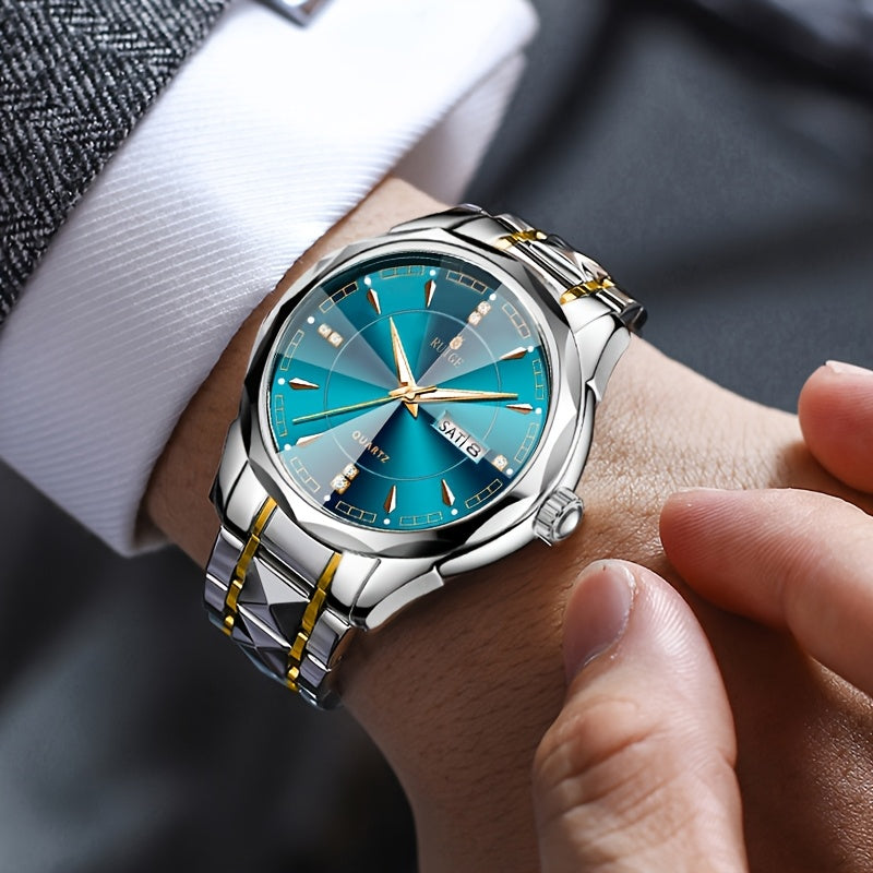 Men's Luxury Quartz Chronograph Watch – Luminous Blue Dial, Stainless Steel Case & Strap, Calendar Date Display, Elegant Business Dress Watch Gift for Him