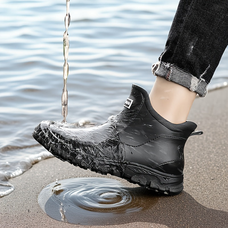 Lightweight Non-Slip Short Ankle Rain Boots for Men and Women Cushioned Insoles Breathable Lining Textured Anti-Slip Sole Fashionable Unisex Couple Rain Boots for Car Washing Outdoor Activities Black Beige US 5.5-12