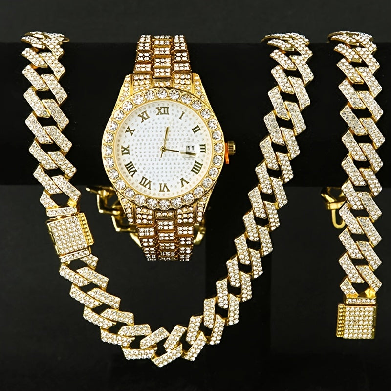 Men's Hip Hop Rhinestone Bling Watch Set with Waterfall Chain Bracelet & Necklace – Sparkling Quartz Watch Jewelry Set for Men 3pc & 5pc Perfect Holiday Gift