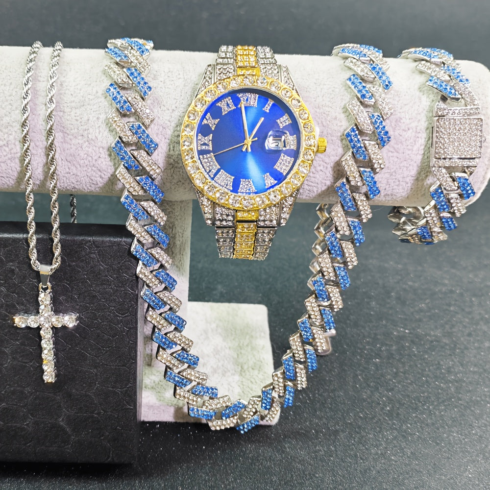 Luxury Cuban Link Jewelry Set for Men & Women – 4-Piece Necklace Bracelet Pendant Wristwatch Full Set 12 Color Options Silver Gold Pink Green Blue Hip Hop Bling Valentine's Day Christmas Gift
