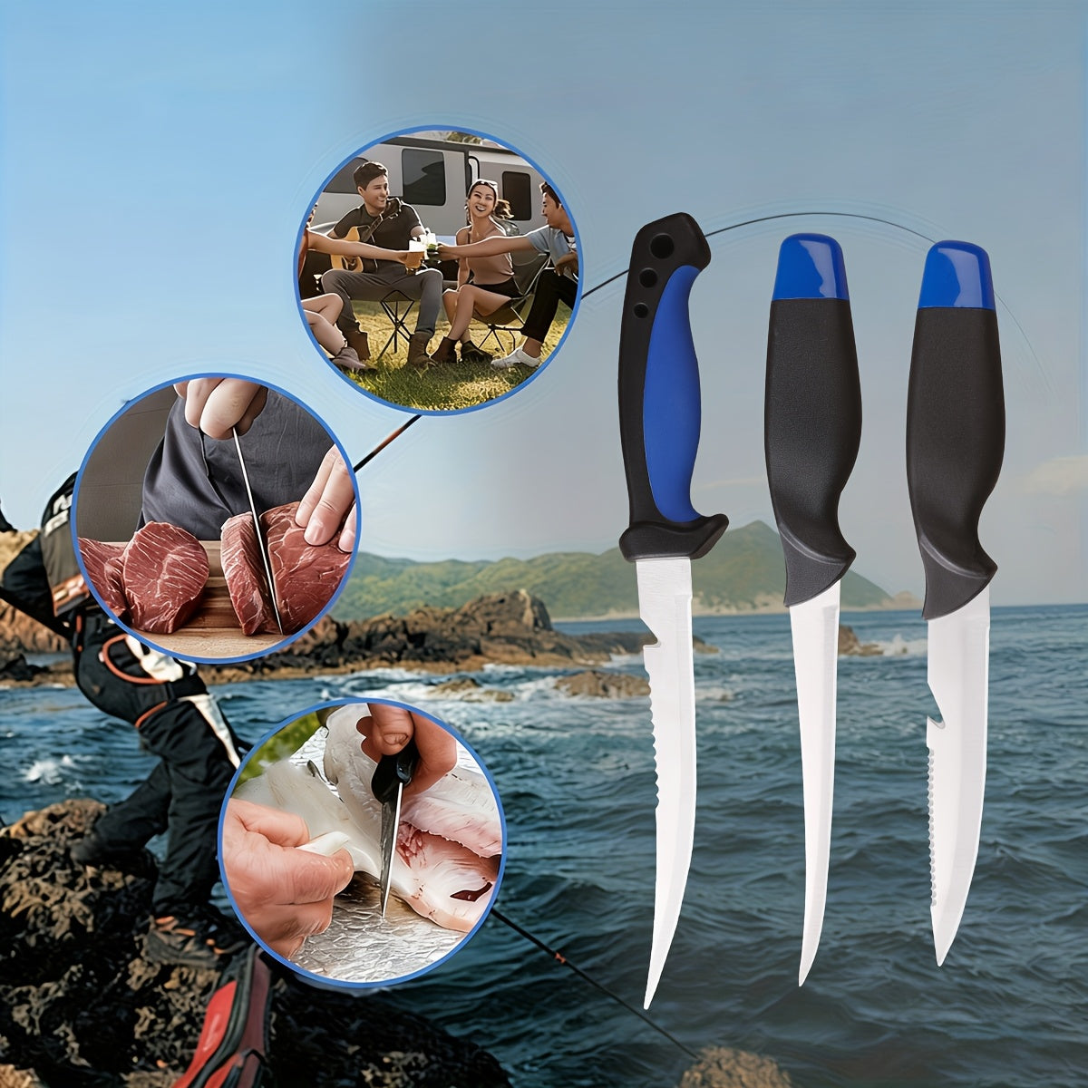Fishing Knife Set 3 Piece Stainless Steel Fillet Boning Gutting Knives for Anglers & Campers – Includes Cut Resistant Gloves, Line Cutter & Cord, Unique Fishing Gift for Men & Dad