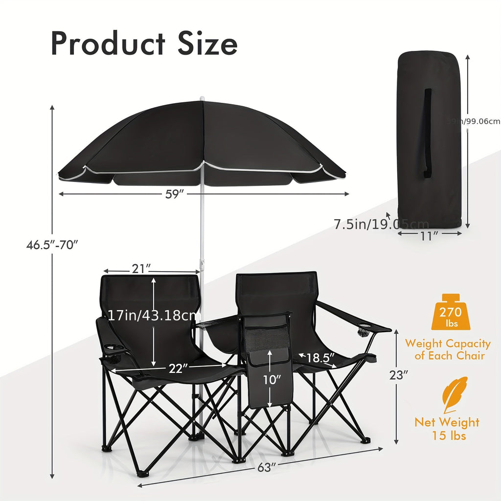 2-Person Folding Beach Chair Set with 59" Umbrella, Cooler Bag & Side Table – 600 lb Capacity Portable Loveseat for Beach, Camping, Picnic & Tailgate, Compact Collapsible Outdoor Chair