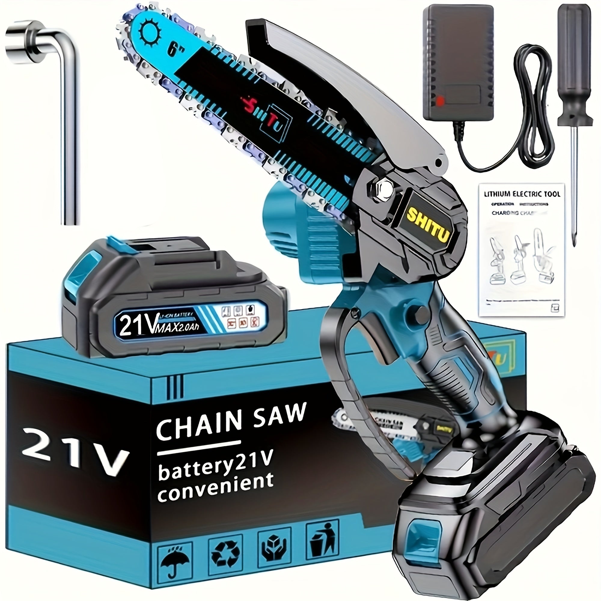Mini Cordless Chainsaw Portable Handheld Electric Tree Cutter with Splash Guard Security Lock Rechargeable Battery for Garden Yard Branch Pruning