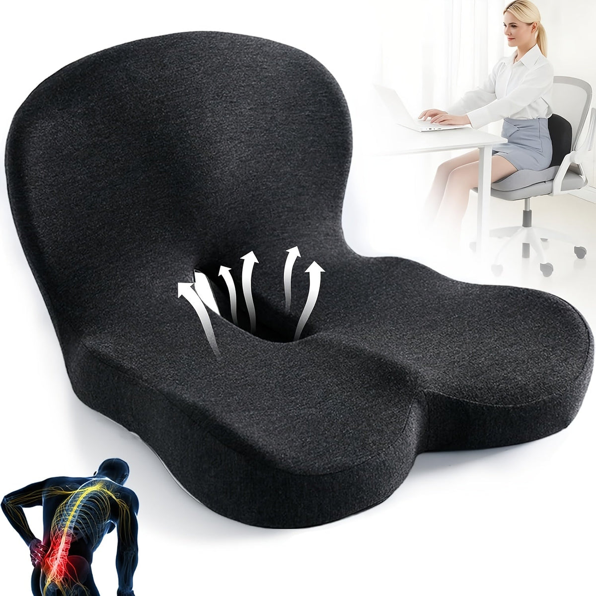 Ergonomic Memory Foam Seat Cushion with Back Support – Non-Slip Office Chair Gaming Chair Car Seat Pad for Hip & Tailbone Pain Relief, Long Sitting Comfort