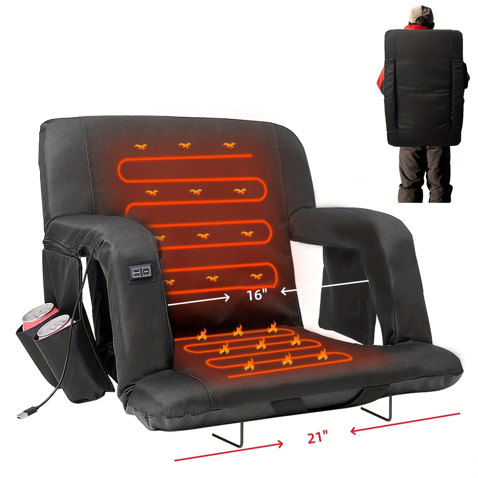 LILYPELLE Double Heated Stadium Seat with Back & Arm Support – Portable Bleacher Seat with 6 Reclining Positions, USB Heated Cushion for Sports Events, Outdoor Games, Travel & Hiking (Power Bank Not Included)