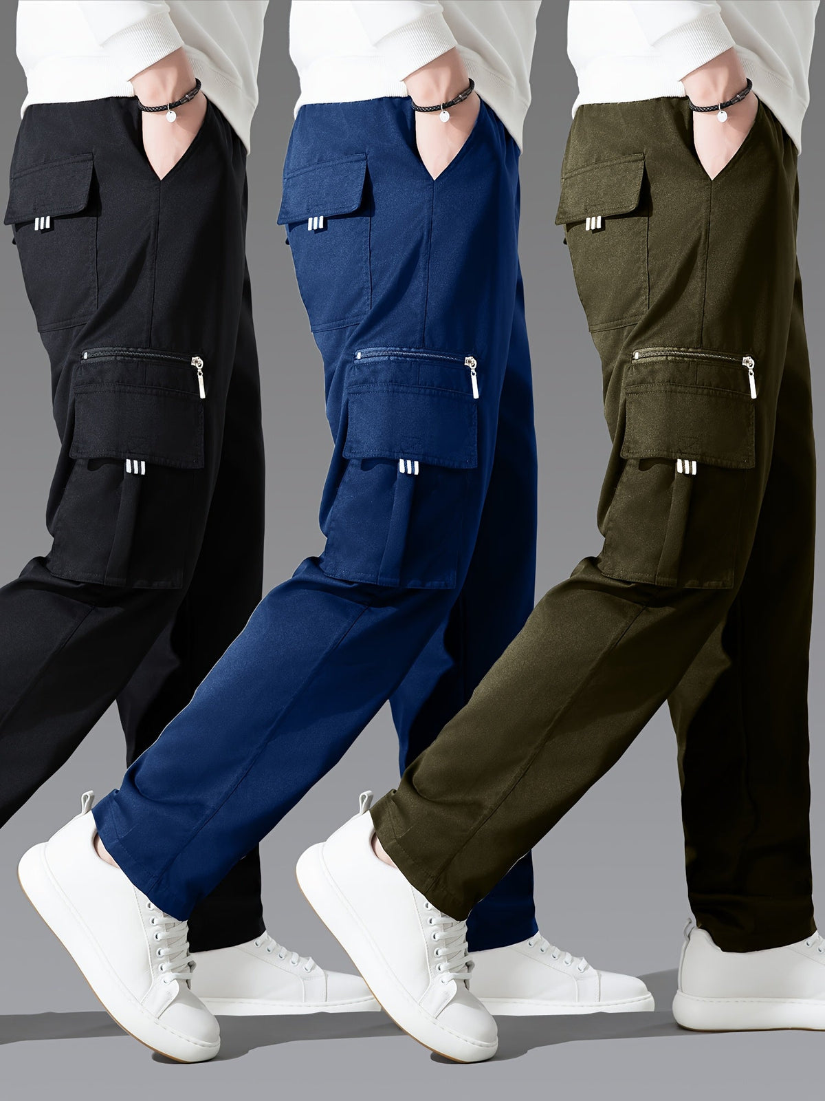 Men's Cargo Pants 3-Pack Multi-Pocket Regular Fit – Solid Color Polyester Woven Hiking Outdoor Pants for Spring & Fall, Sizes S-XXXL, 9 Color Combos