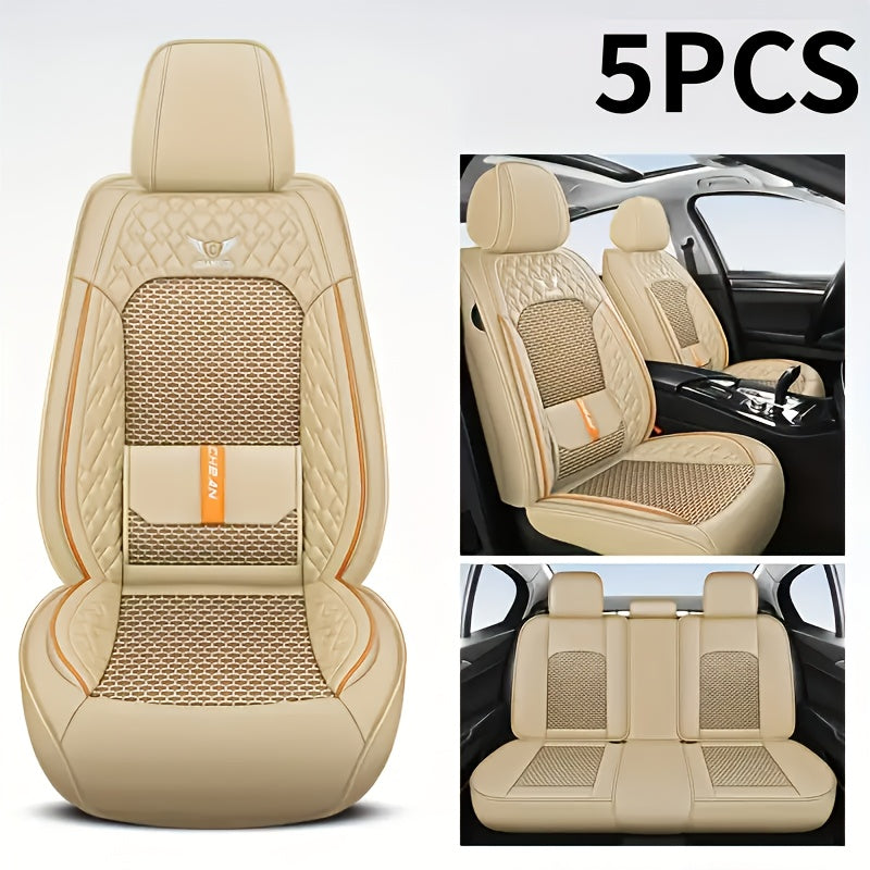 Universal Car Seat Covers Faux Leather Waterproof – Full Set 5-Seat or 2 Front Seats for SUV Sedan Pickup, 3D Diamond Sponge Cushion, Stretchable Non-Slip