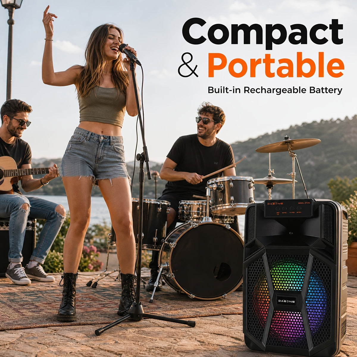 Portable Wireless PA Speaker System with Wired Microphone & RGB Lights – 6.5" Dual Woofer or 8" Subwoofer, FM Radio, USB/SD, Rolling Wheels for Party, DJ, Wedding & Meetings