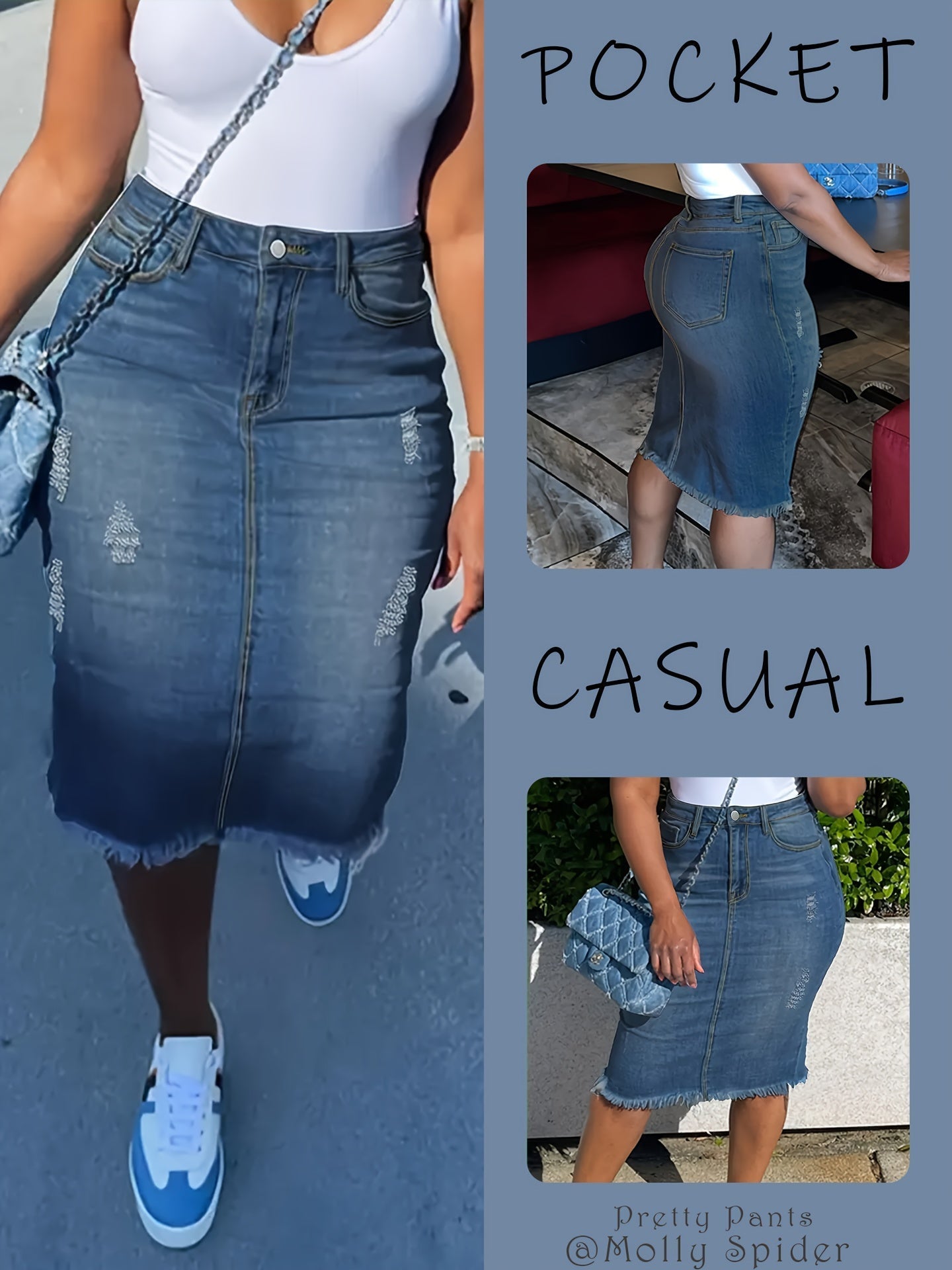 Vintage High-Waisted Denim Midi Skirt Women Stretch Raw Hem Distressed Look Machine Washable Non-Transparent Sea Blue XS-XXL Spring Summer Fall