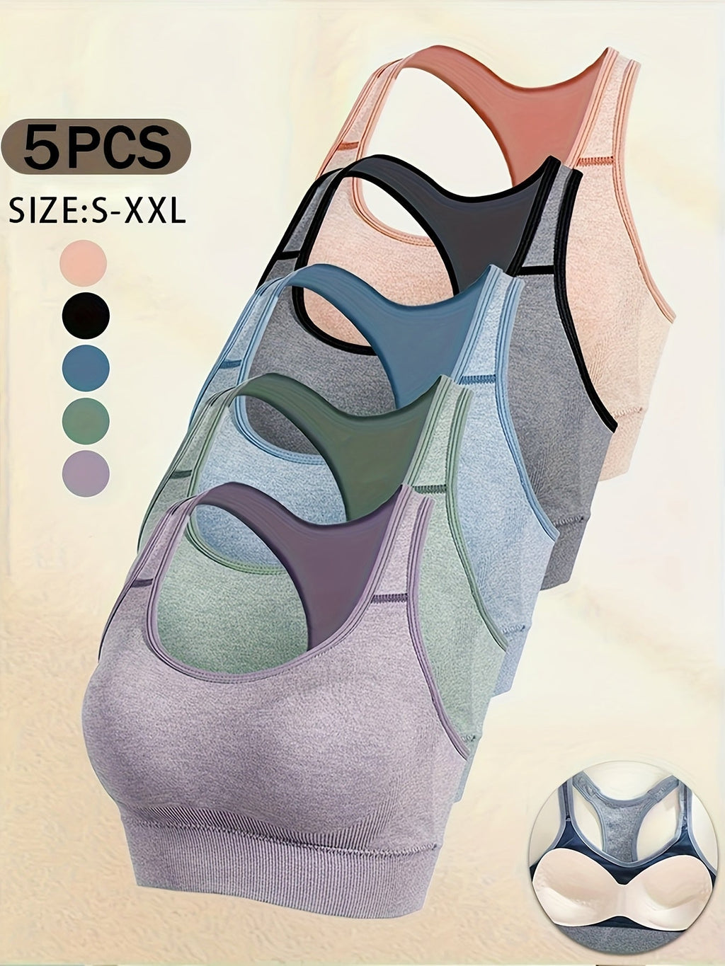 Seamless Sports Bra 5-Pack for Women Wire-Free – 92% Polyamide Soft Opaque Stretch Double-Layer Bralette Set for Yoga, Gym, Pilates & Casual Wear, Mixed Colors Sizes S–XXL