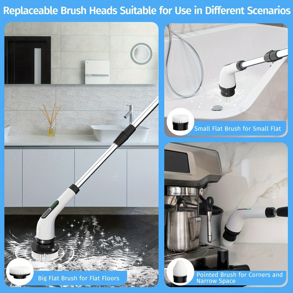 Electric Spin Scrubber Cordless with 7 Replaceable Brush Heads – Dual Adjustable Speeds Adjustable Detachable Handle for Bathroom Tub Tile Grout Floor Shower Kitchen Cleaning, White & Black
