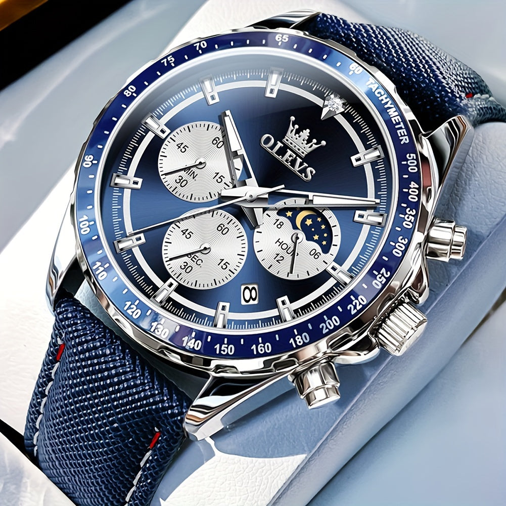 OLEVS Men's Luxury Moon Phase Quartz Watch Big Face Chronograph Leather Strap – Waterproof Luminous Calendar Dress Wristwatch 4 Colors, Birthday Father's Day Gift for Him Blue Black White Green