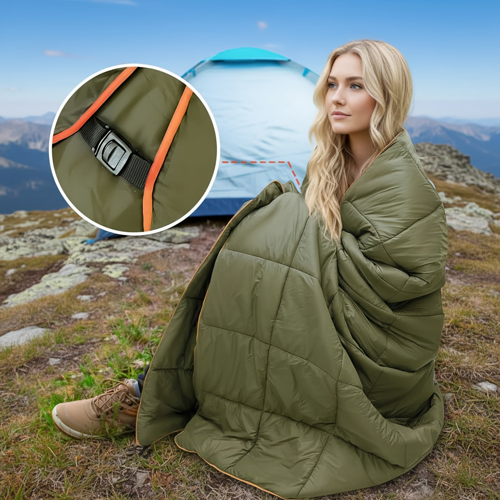 Outdoor Camping Puffy Blanket DWR Water Resistant with 3D Eye Mask – Foldable Lightweight Warm 140x200cm for Camping Travel Car Beach Stadium Festival Hammock Sofa Green Grey Black Blue