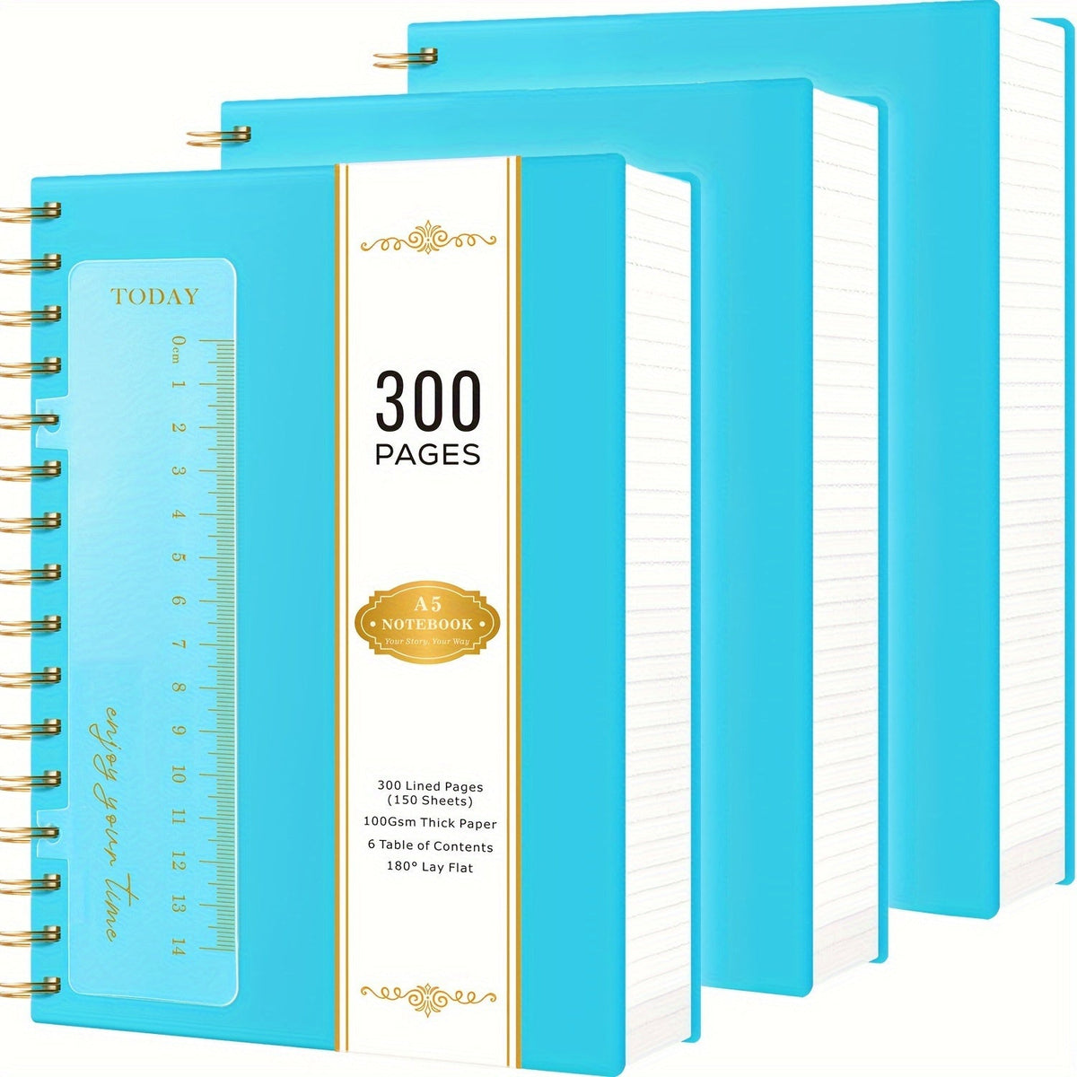 Spiral Notebook 3 Pack A5 Hardcover College Ruled 300 Pages 100GSM Thick Paper PVC Cover Notepad Set for Women Girls Students School Office Journaling 5.7x8.4 with Built-In Ruler