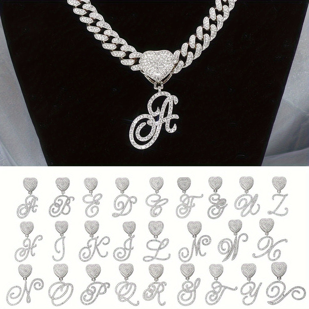 Initial Letter Necklace for Men & Women – Personalized A-Z Silver Cuban Chain with Heart Pendant, Hip Hop Style, 45cm / 17.71in, Perfect Gift for Sports Fans, Birthdays & Everyday Wear