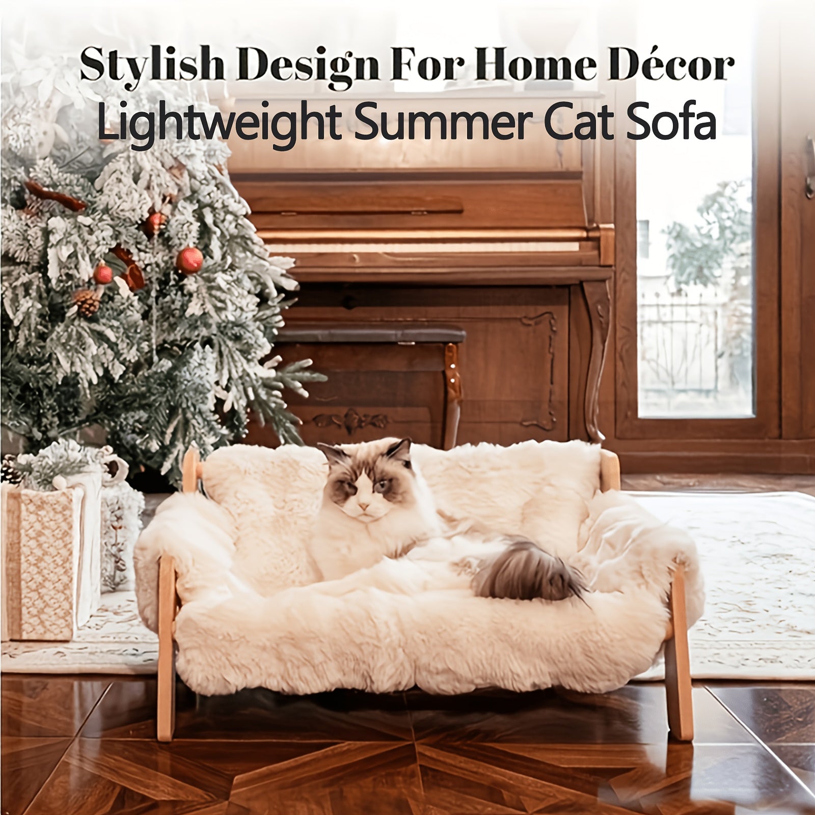 Elevated Pet Sofa Bed Solid Wood Frame Bamboo Mat Replaceable Fleece Mattress Modern Lounge Chair for Small Medium Dogs Cats Gray White Bamboo Style