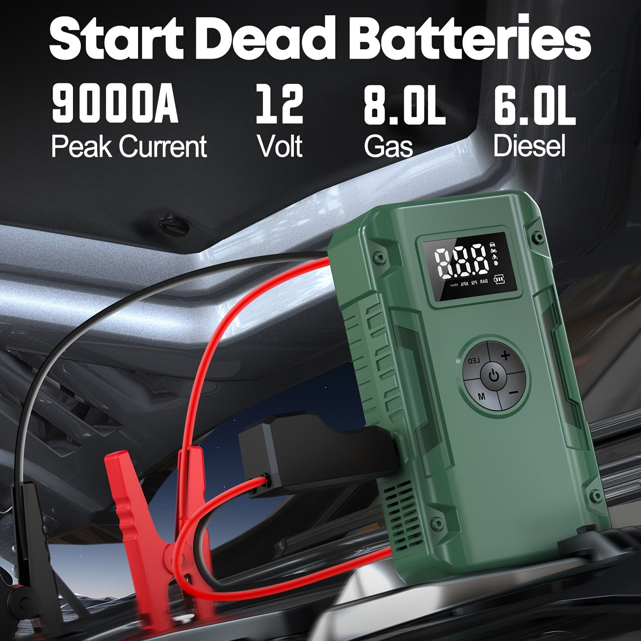 10000A Car Jump Starter 7-in-1 with 150PSI Air Pump – Portable Battery Booster for Gas Up to 10L & Diesel Up to 8L, Power Bank, Vehicle Emergency Kit