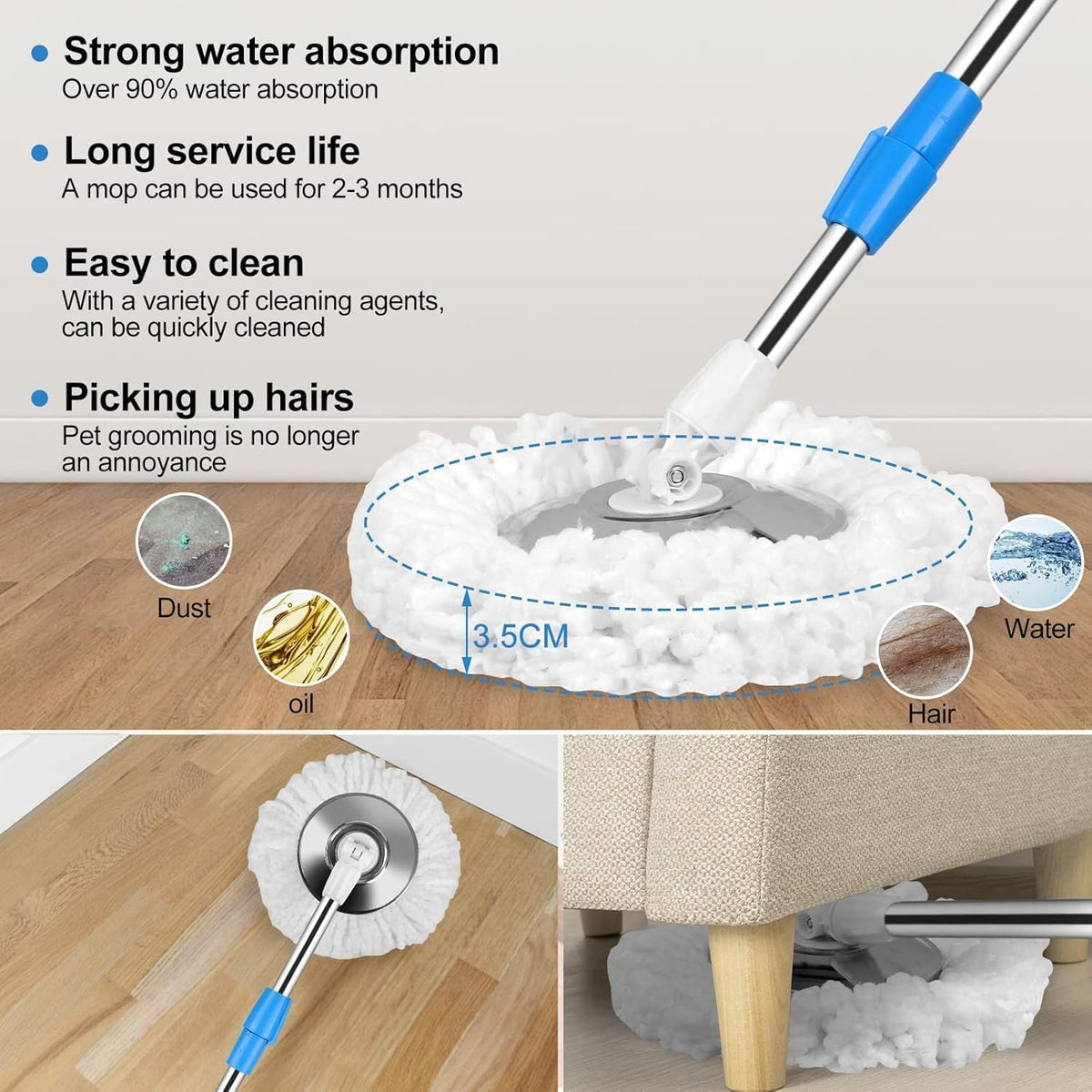 360° Spin Mop and Bucket Set with Wringer – Microfiber Mop Refills Stainless Steel Extended Handle Separate Compartment Floor Cleaning System for Hardwood Tile Laminate, Upgrade Option with 2 Refills