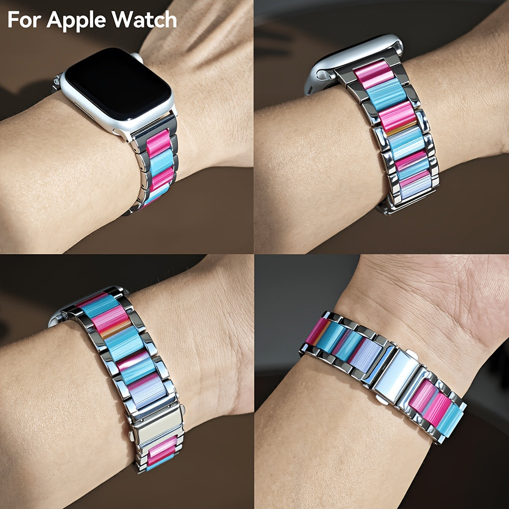 Apple Watch Band 42 44 45 46 49mm Women Stainless Steel Resin Metal Replacement Strap Starlight Rainbow for iWatch Series 11 10 9 8 7 6 5 4 3 SE Ultra Work Office Fitness Party