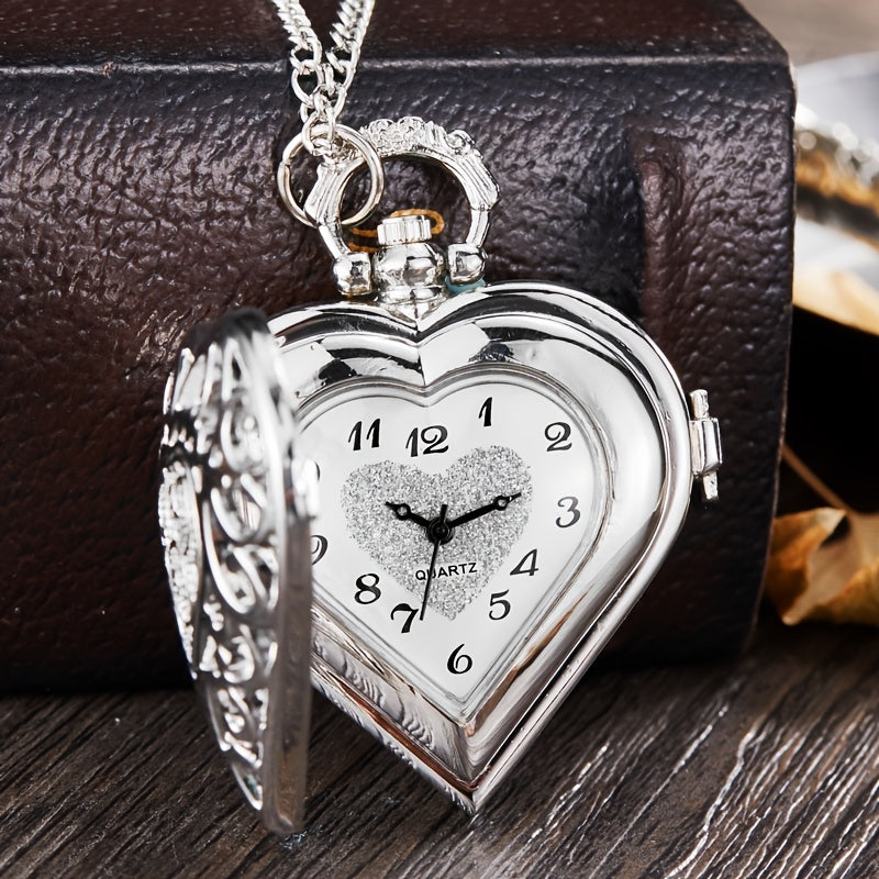 Heart Shaped Pocket Watch Necklace for Women Vintage – Romantic Hollow Quartz Pendant Sweater Chain Silver Tone Retro Jewelry, Perfect Mother's Day Valentine's Birthday Gift for Her