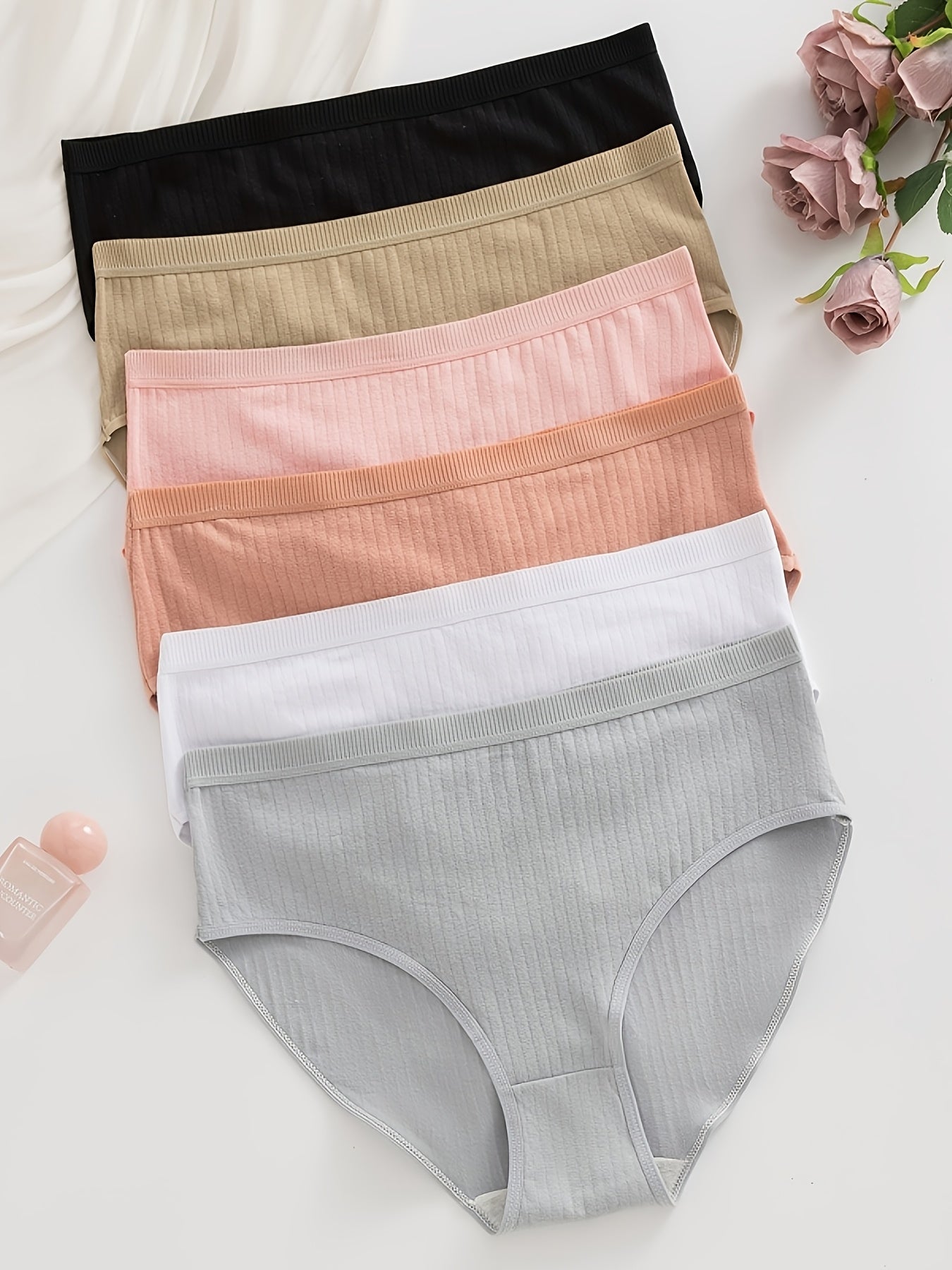 6-Pack Ribbed Thong Panties – Women's Soft Breathable Mid-Waist Triangle Underwear, Rib-Knit Texture, Solid Colors, Maternity-Friendly Everyday Panties