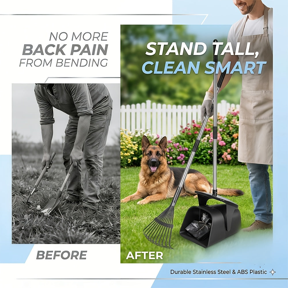 Heavy Duty Dog Pooper Scooper Set with Swivel Bin, Rake & Spade – Long Handle No-Bend Pet Waste Removal for Grass, Dirt & Gravel, 40 Waste Bags Included, Large Dogs