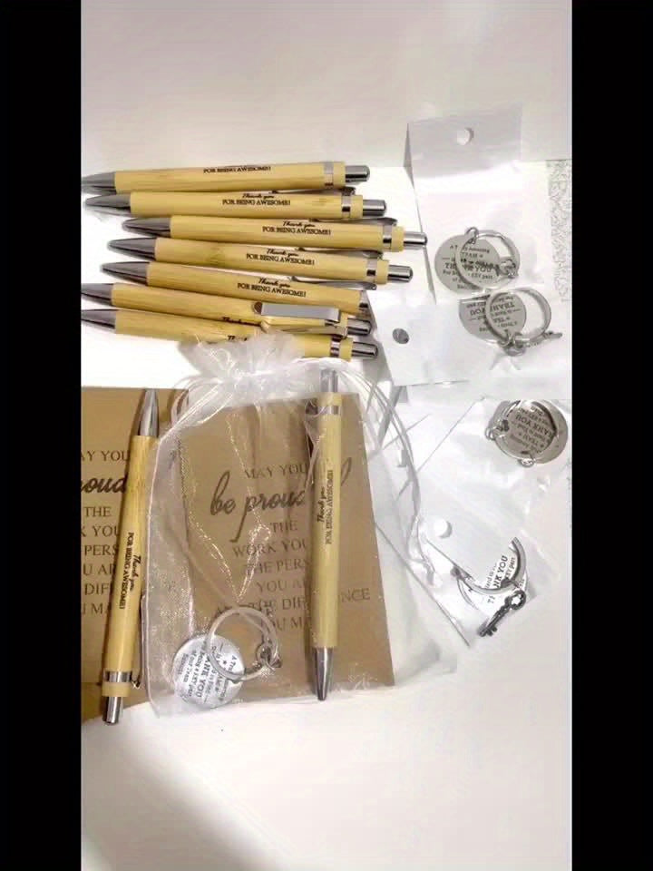 24 Piece Inspirational Gift Set Bulk Bamboo Retractable Pen Keychain Gratitude Notebook Gift Bag Appreciation Gifts for Employees Teachers Coworkers Holiday