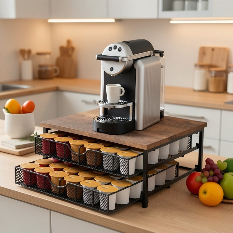 K-Cup Coffee Pod Holder Counter Storage Sliding Drawer Organizer Keurig Nespresso Capsules Double Layer 48 Pod Capacity Kitchen Countertop Coffee Station Brown