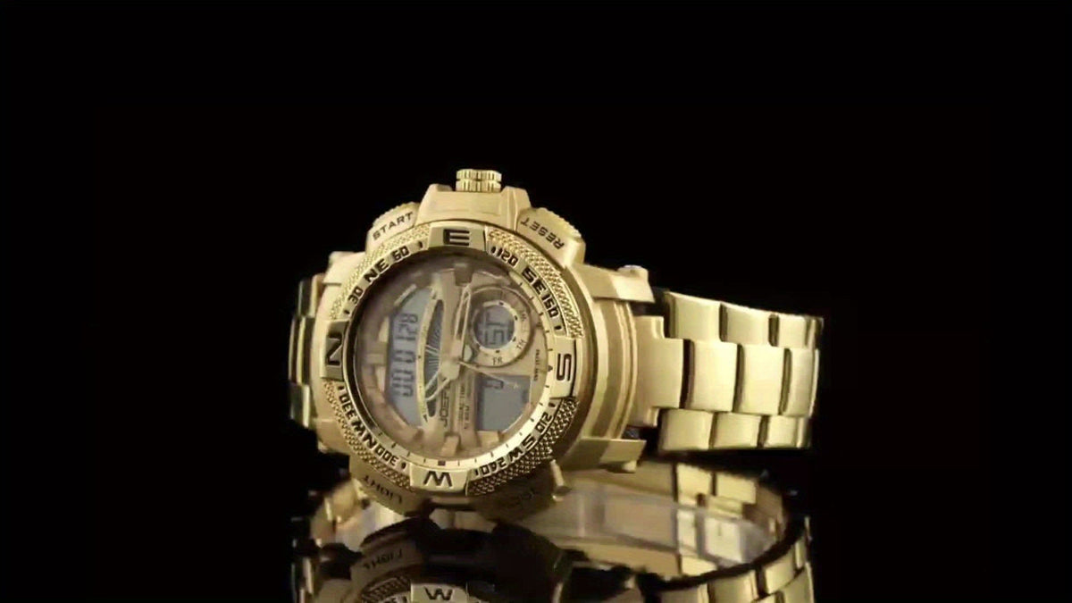 Dual Display Sport Watch for Men Large Face – LED Night Light 3ATM Waterproof Chronograph Alarm Calendar Field Military Style Wristwatch Gold Silver, Perfect Gift for Him