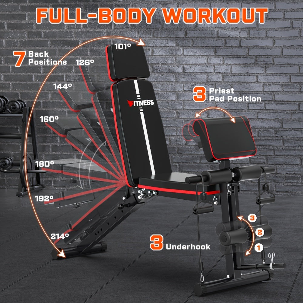 Foldable 6-in-1 Adjustable Weight Bench 770 LBS Home Gym – Flat Incline Decline Strength Training with Resistance Bands Preacher Curl Pad & Leg Developer for Full Body Workouts