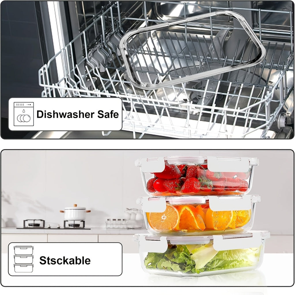 20-Piece Borosilicate Glass Food Storage Containers with Airtight Clip-Lock Lids – Microwave, Oven & Dishwasher Safe Meal Prep Containers for Salads, Fruits, Vegetables & Sandwiches – Includes Cleaning Brushes