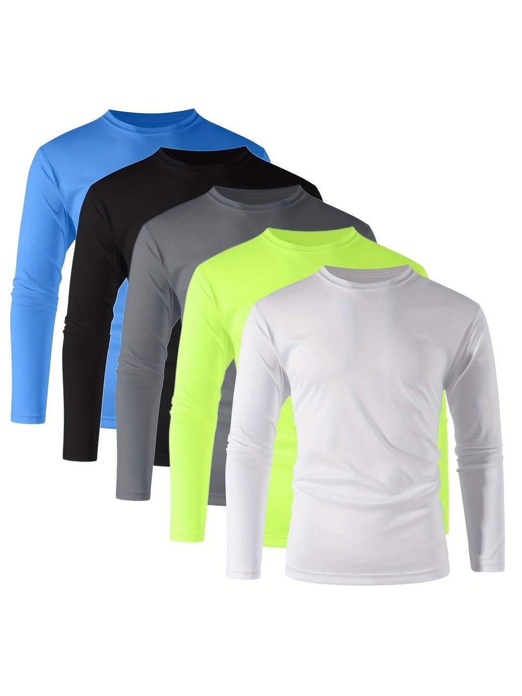 Men's Long Sleeve Shirts 5 Pack – Quick Dry Moisture Wicking 100% Polyester Athletic Tee, S-3XL, Running Training Hiking Golf Casual Wear