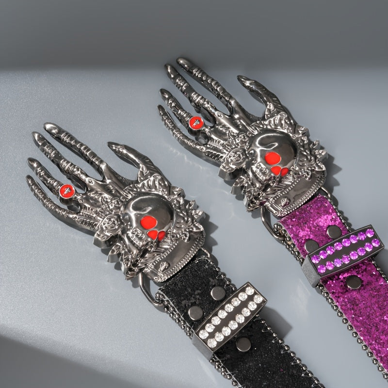 Unisex Punk Skull Belt – Rhinestone-Embellished Faux Leather with Zinc Alloy Skull Buckle, Bold Statement Fashion Accessory for Halloween, Parties & Daily Wear, 5 Colors Available
