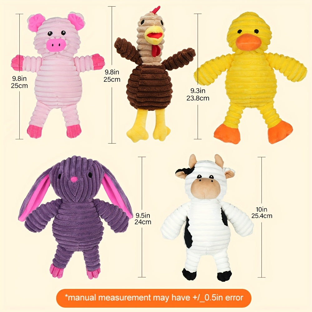 Plush Dog Squeaky Toys 5-Pack Bundle Washable Stuffed Animal Chew Toys for Small Medium Large Dogs – Embroidered Safety Eyes, Pig Frog Elephant Chicken Fox Designs