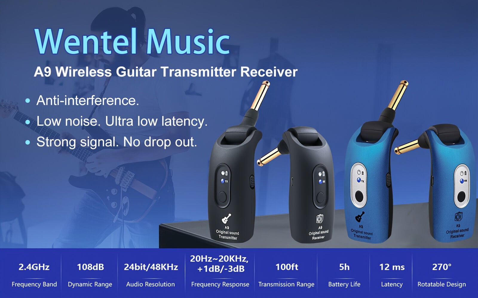 Wireless Guitar System 2.4GHz with 270° Rotatable Plug & Built-In Rechargeable Battery – Transmitter Receiver for Electric Guitar, Acoustic, Bass, Violin & Keyboard – Velora