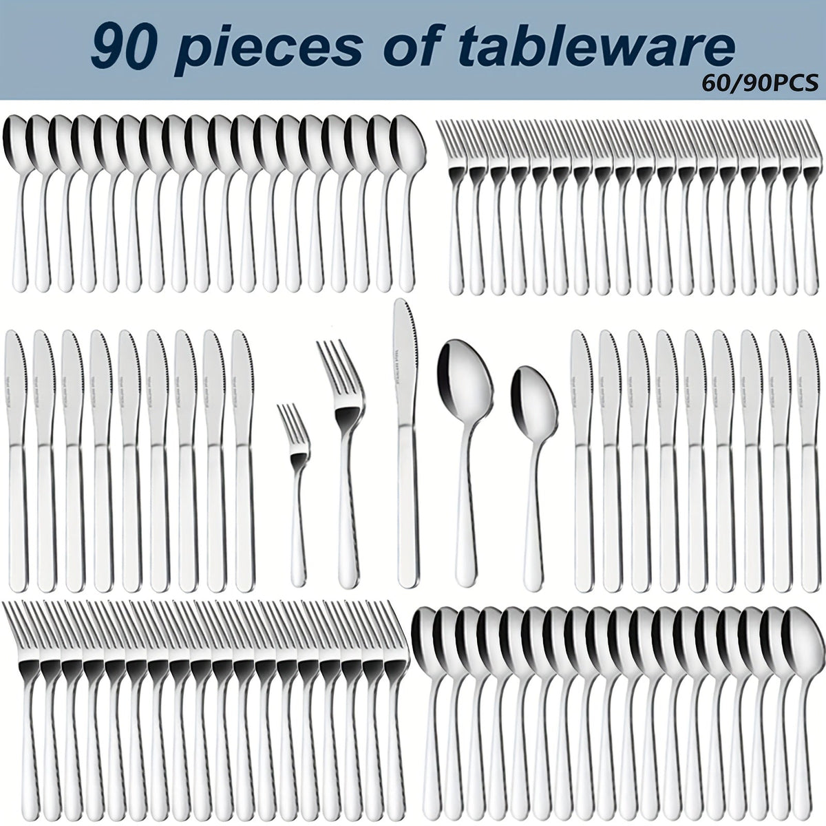 Stainless Steel Flatware Set 60/90 Piece – Silverware for 12-18 People with Gift Box, Steak Knives Salad Forks Dessert Spoons, Dishwasher Safe, for Home Wedding Camping Party Halloween