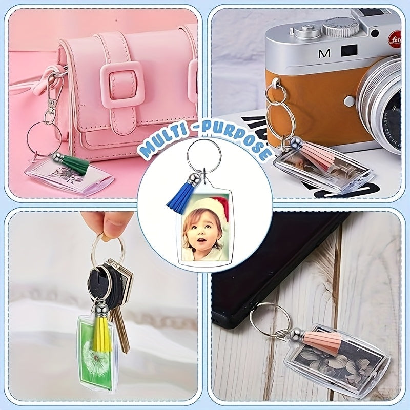 150PCS Acrylic Photo Frame Keychain Blanks with Colorful Tassels – Snap-In Clear Picture Keyring Set for DIY Crafts, Bulk Custom Keychains, Party Favors & Gifts