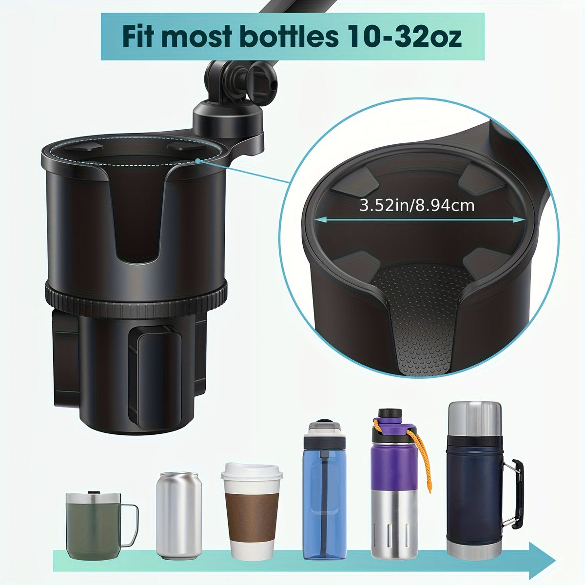 Car Phone Cup Holder Mount 2-in-1 Swivel 360° Rotation Universal Fit for Cars SUVs Trucks with Shock Absorption Trim - Black Extender