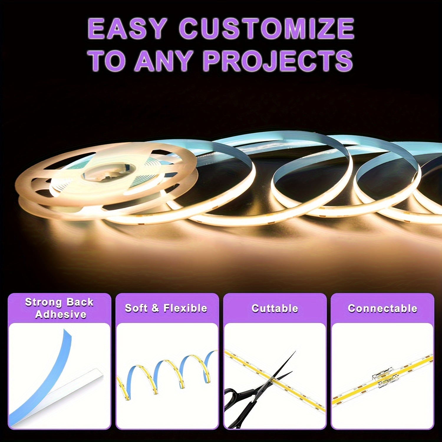 COB LED Strip Light 32.8ft 4800 LEDs Dimmable Super Bright – Flexible LED Tape Light No Dark Spots for Under Cabinet, TV Backlight, Bedroom, Kitchen & Home Decoration