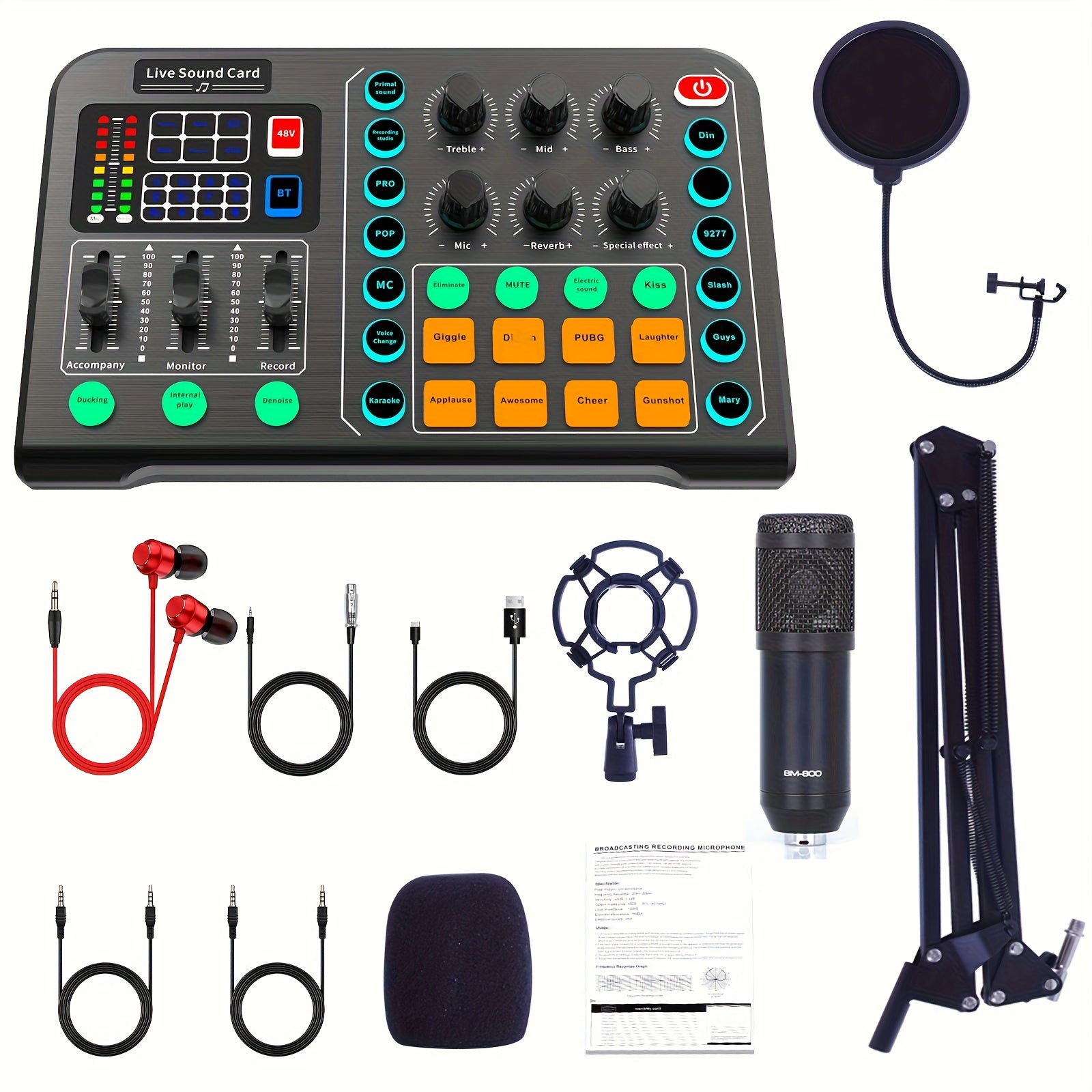 BM-800 Podcast Recording Studio Bundle with Live Sound Card, Voice Changer & Earphones – Complete Audio Interface Kit for Streaming, Vlogging & Live Broadcast, Multiple Models Available