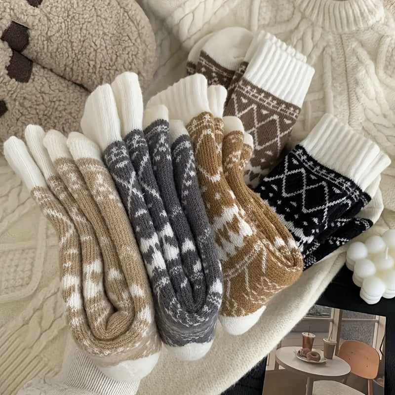 Women's Thermal Winter Socks 5 Pack Fluffy Warm Mid-Calf – Cozy Cold Weather Socks with Ethnic Rhombus Pattern, Soft Fabric for Outdoor Commuting & Everyday Wear, Multi-Color