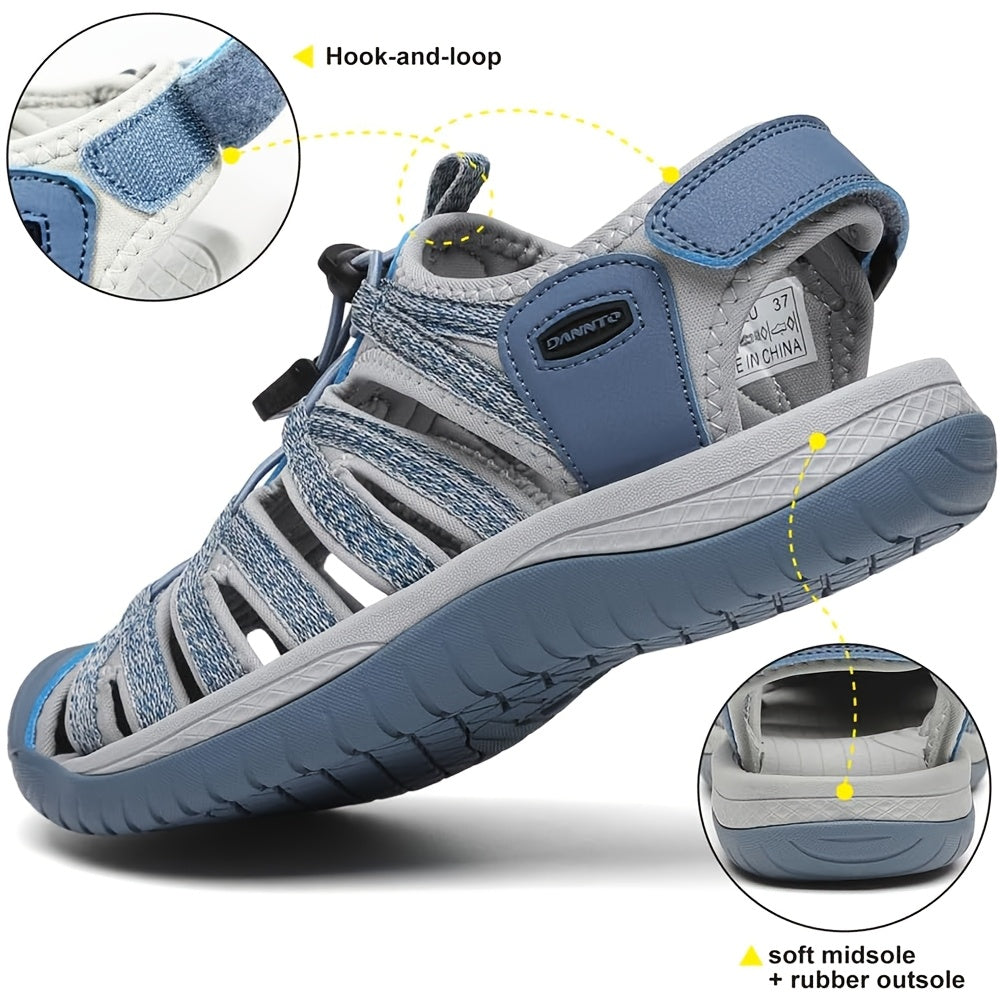 Women's Closed Toe Hiking Sandals, Lightweight Non-Slip Water Sandals with Adjustable Bungee Lace & Hook-Loop Strap, Breathable Athletic Sport Outdoor Shoes for Beach Camping Fishing Travel Walking