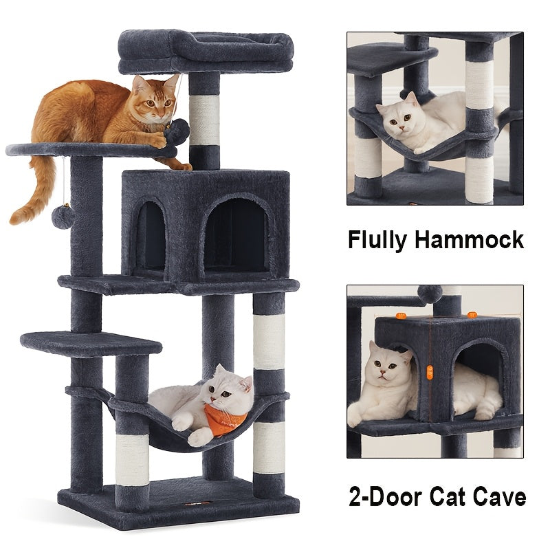 Cat Tree Tower 44 or 66 Inch Multi-Level Hammock Cozy Cave 4 Sisal Posts 2 Perches Anti-Tilt 10-Min Assembly Indoor Cats Kittens Multi-Cat Dark Gray Light Gray White Beige
