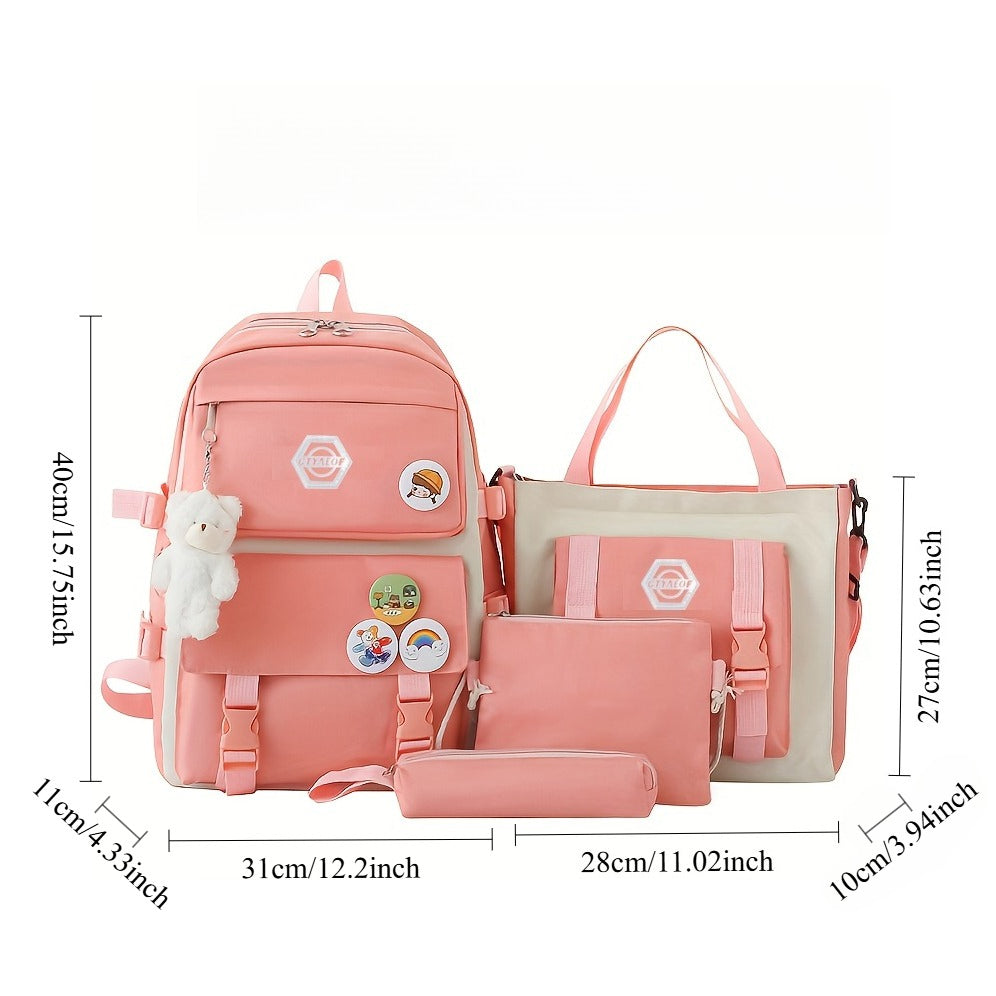 Cute 5-Piece Girls School Backpack Set – Lightweight Daypack with Matching Tote Bag Pencil Case & Coin Purse, Durable Adjustable Student Bag for School Hiking Travel, Purple Black Pink Blue