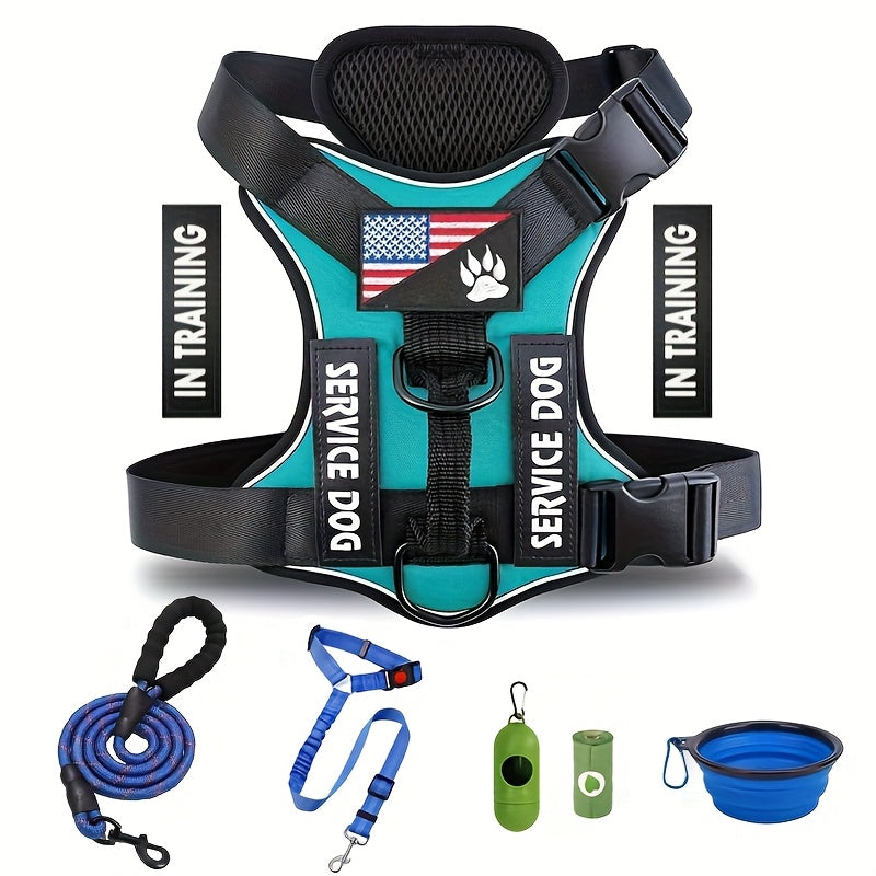 Dog Vest Harness Set with Leash – Adjustable No-Pull Harness Includes 5 Patches, Seat Belt, Collapsible Bowls & Poop Bag Dispenser for Training Walking Hiking XS to XL